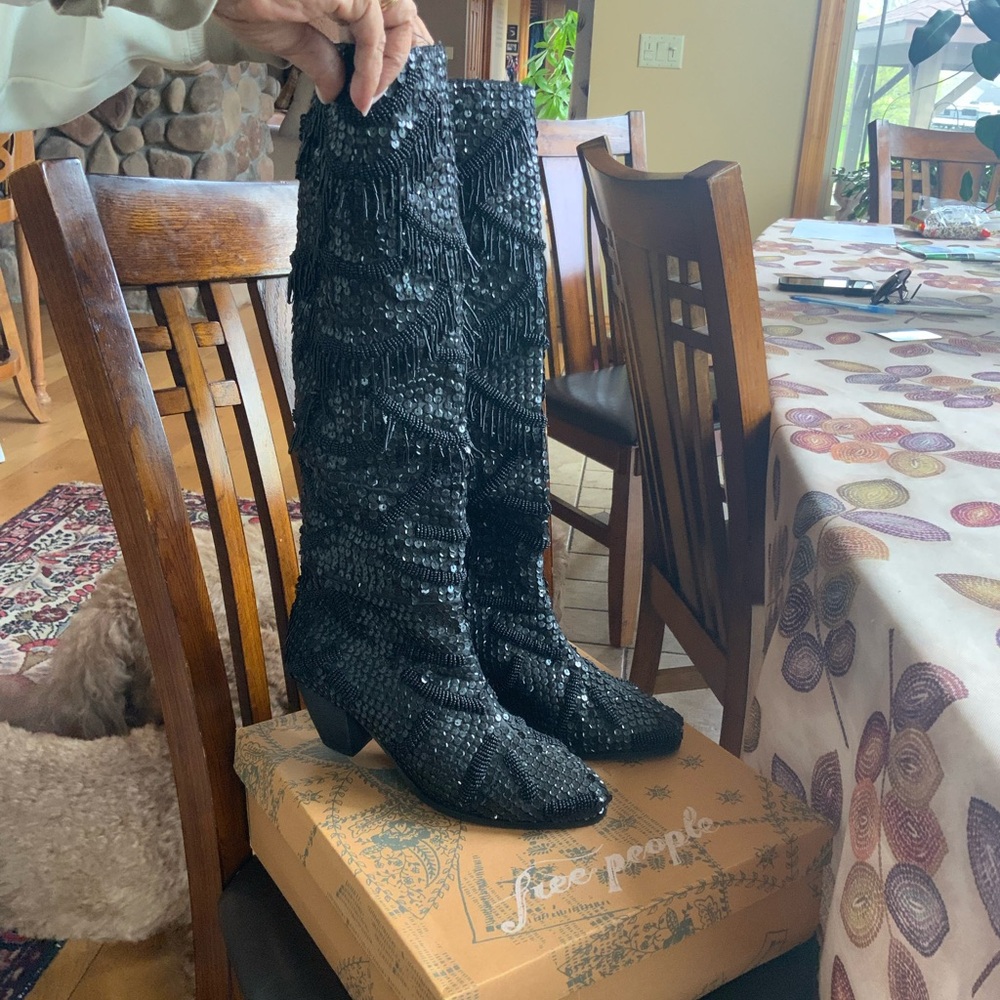 Free People Black Disco Party Knee-High Boots